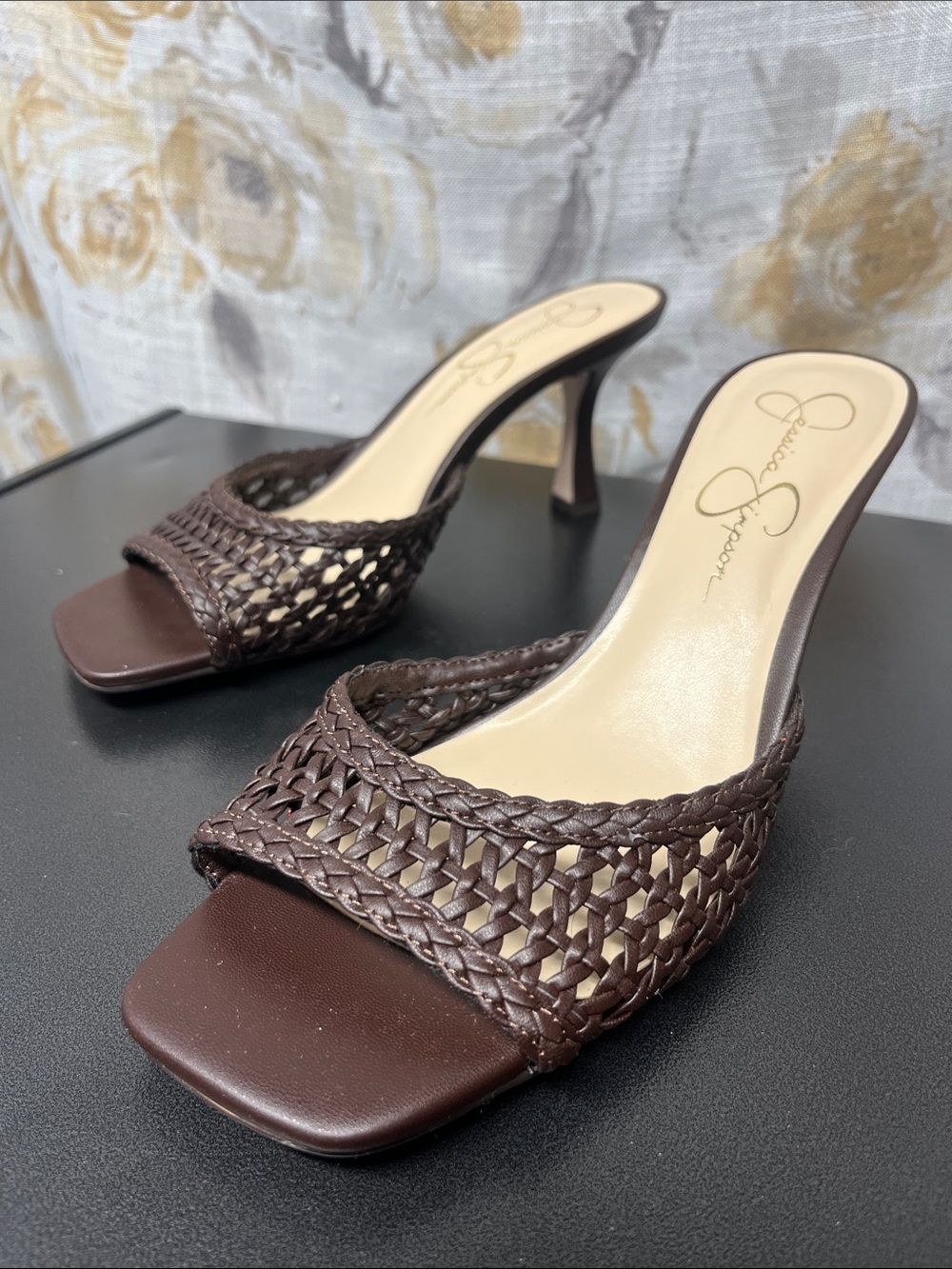 Jessica Simpson Dark Brown Woven Faux Leather Square Toe Mule Heels